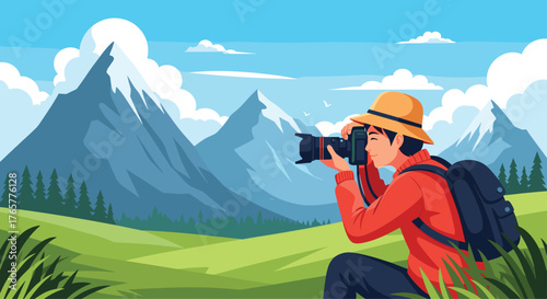 Adventurous photographer capturing stunning mountain landscape with professional camera, perfect for travel, adventure and nature blogs