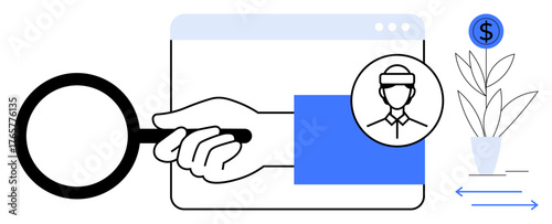 Hand holding magnifying glass over browser window with user profile icon, plant with dollar sign. Ideal for recruitment, search, finance, business, analysis, growth exploration. Simple flat metaphor