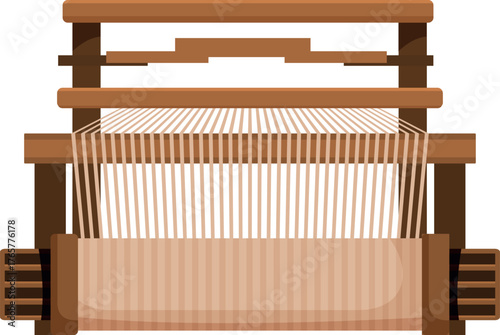 Traditional wooden hand loom weaving beige fabric, isolated on white background