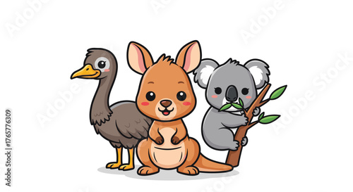 Adorable cartoon emu, kangaroo, and koala bear characters ready for fun adventures, perfect for children's books and educational content