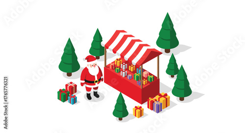 Santa Claus at a festive Christmas market stall with colorful wrapped gifts and vibrant green trees ready for the holiday season