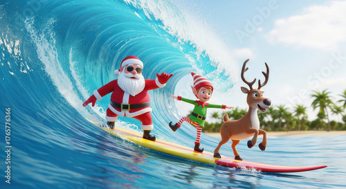Fototapeta Naklejka Na Ścianę i Meble -  Funny Christmas tropical scene of Santa surfing with elf and reindeer