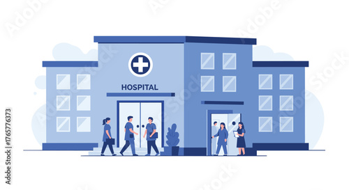 Modern hospital exterior with medical staff and patients entering, ideal for healthcare, clinic, or medical facility designs