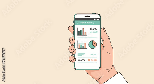 Hand holding smartphone displaying financial analytics and charts.