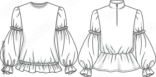 Fashion blouse sketch, puff sleeve design, ruffle hem, technical drawing, garment construction, peplum silhouette, zipper back, couture illustration, trendy top