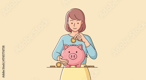 Woman Saving Money in Piggy Bank.