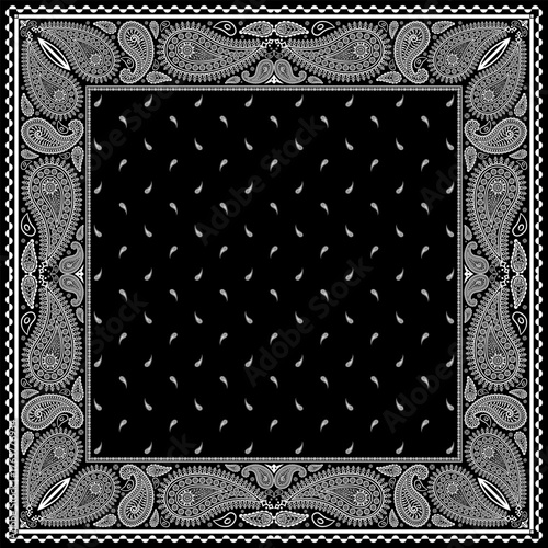 Bandana paisley square ethnic floral hand drawn pattern.Ornament classic vintage vector elements white on black background.Design for scarf,headscarf,kerchief,hijab,tablecloth,print fabric,decoration.