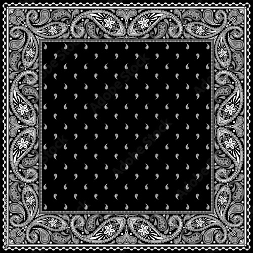 Bandana paisley square ethnic floral hand drawn pattern.Ornament classic vintage vector elements white on black background.Design for scarf,headscarf,kerchief,hijab,tablecloth,print fabric,decoration.