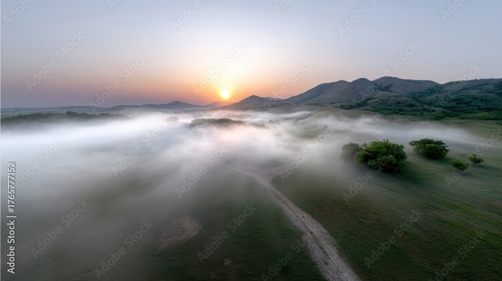 Obraz premium Foggy sunrise over field with path and small tree misty morning light illuminates open field narrow path converges on solitary tree serene landscape