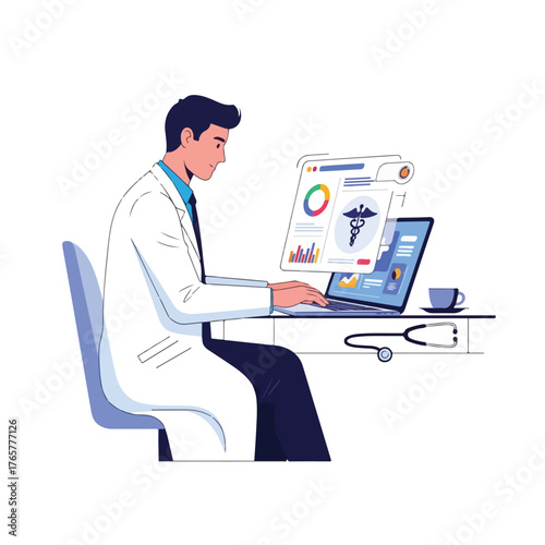 Flat 2D vector illustration of a doctor working on a laptop with medical data and graphs on the screen in a simple office setting.