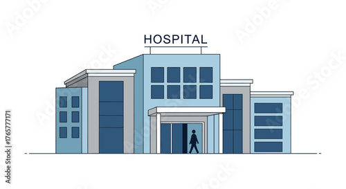 Modern hospital building with entrance, person walking inside, medical healthcare concept, design for clinics and urgent care facilities