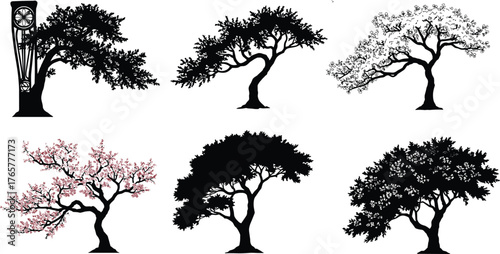Stylized tree illustration, seasonal foliage, cherry blossom, fantasy forest, vector art, nature design, decorative asset, blooming tree, silhouette, landscape