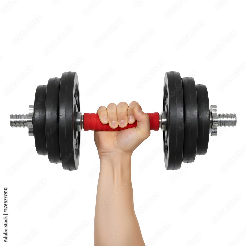 Fototapeta premium A strong hand lifts a black dumbbell with red grip. The background is transparent, emphasizing the weight and the hand's muscular definition.