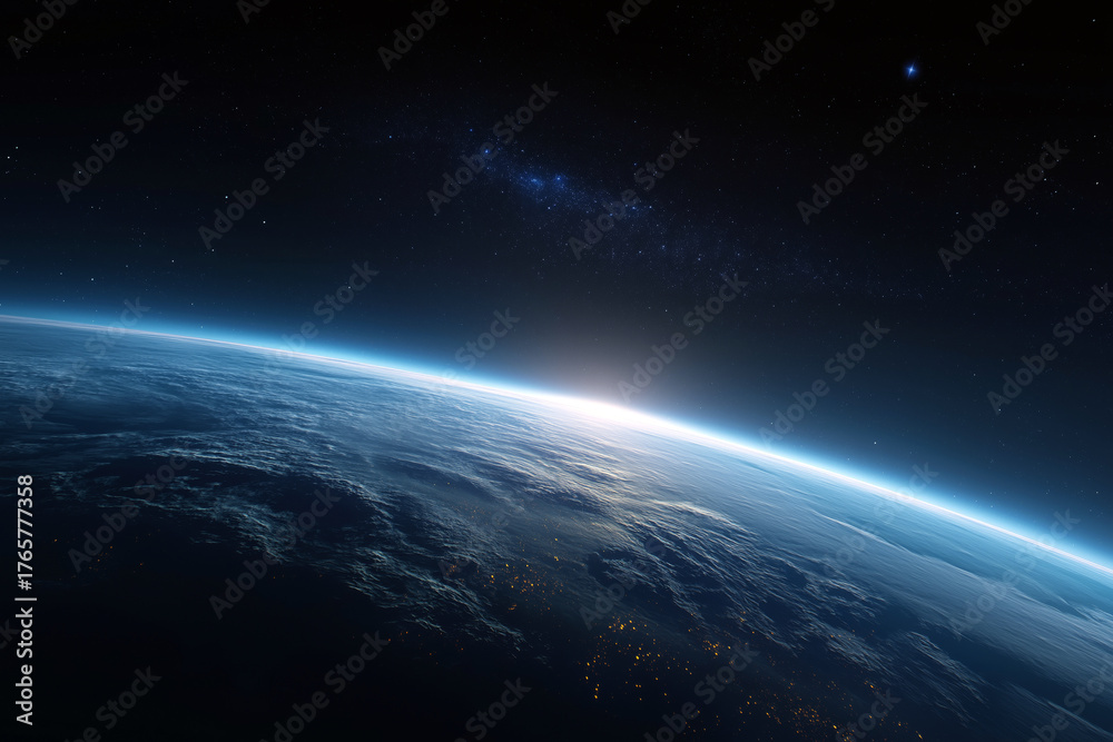 Fototapeta premium View of Earth from outer space showing the sunrise over the horizon, glowing atmosphere, and dark starry sky representing beauty and fragility of our planet