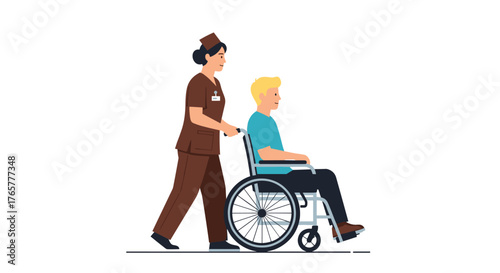 Caring nurse assisting patient in wheelchair, providing support and compassion, ideal for healthcare, medical, and wellness concepts