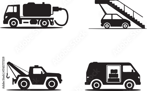 Four black silhouette icons of vehicles including a fuel truck a tow truck a van and a car tanker crane