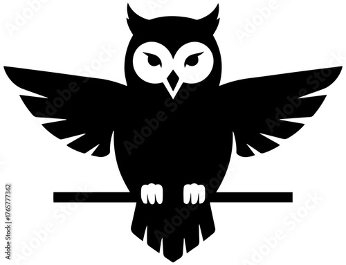 Bold black owl silhouette with wings spread wide perching confidently on a branch