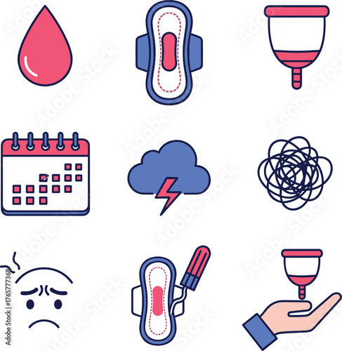 Menstruation and PMS Symptoms Line Icons Vector SetMenstruation and PMS Symptoms Line Icons Vector Set