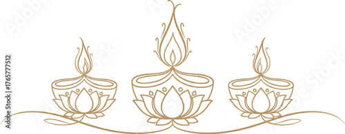 Elegant golden Diwali oil lamps with lotus motifs, traditional Indian festive diya illustration, spiritual light, cultural heritage, sacred celebration, decorative vector design
