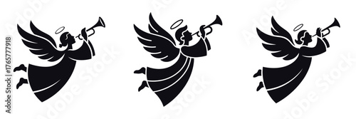 Christmas Angel Silhouette Vector Set – Flying Angels with Trumpets, Holy Messengers of Peace and Joy, Religious Holiday Illustration for Nativity, Christian Celebration, and Festive Design
