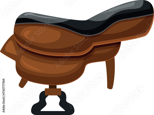 Equestrian equipment featuring a brown leather saddle with black seat and stirrup, ideal for horseback riding