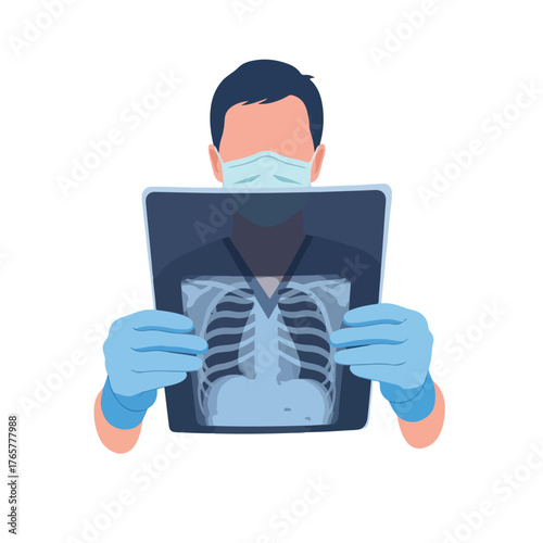 Flat 2D vector illustration of a doctor wearing a mask and gloves holding an X-ray image of a human chest against a clean white background.