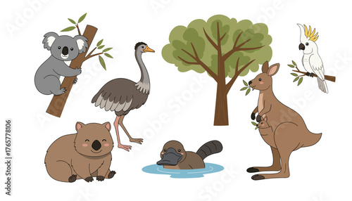 Charming Australian wildlife collection featuring koala, kangaroo, wombat, platypus, emu, and cockatoo in a delightful cartoon style perfect for educational or decorative use