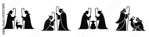 Nativity Shepherd Silhouette Vector Set – Holy Christmas Scene with Shepherds and Animals, Religious Holiday Illustration Symbolizing Faith, Peace, and Christian Winter Celebration Design