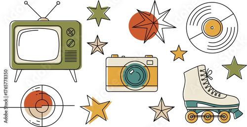 Colorful hand-drawn retro doodle illustration set featuring vintage TV, analog camera, roller skate, vinyl record, and decorative stars. Perfect for nostalgic 80s and 90s design projects.