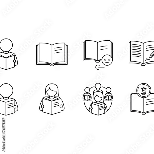 Line icons of education, reading, learning, study, personal development, knowledge, and group learning