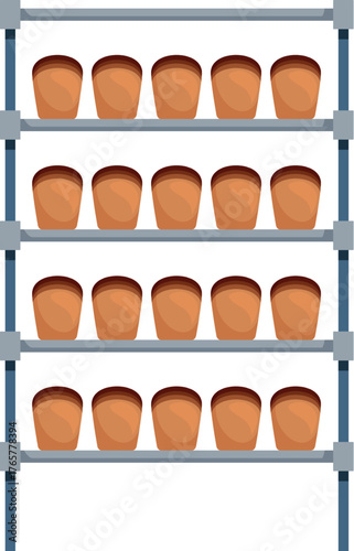 Terracotta flowerpots standing on metal shelves in a greenhouse, ready for planting