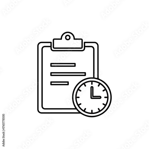 Task management and scheduling icon, clipboard with clock symbol, project planning and deadline reminder