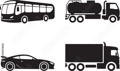 Four black silhouette vector icons of transportation vehicles coach sports car