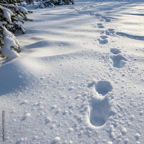 Footprints Leading Through a Snowy Landscape with Sunlight Glimmering on the Fresh Powder and Gentle Shadows