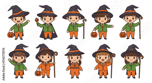 Cute Halloween witches and wizards in costume with pumpkin lanterns and wizard canes, perfect for seasonal designs