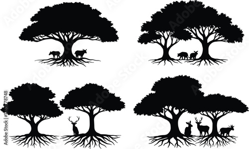 Tree silhouette, animal roots, deer, wild boar, rabbit, forest wildlife, nature balance, ecosystem art, black 