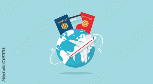 Travel the world with ease – passports and airplane soaring above the globe, ready for your next adventure