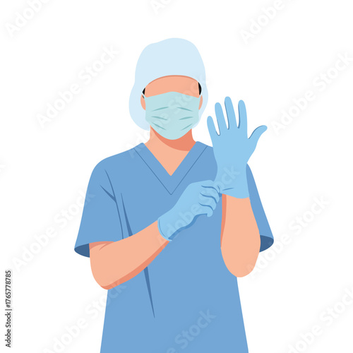 A medical professional wearing blue scrubs and a mask is putting on gloves in a flat 2D vector illustration with a clean and sterile mood against a white background.