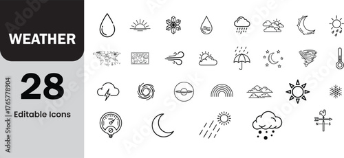 Collection of hand drawn weather icons and symbols for forecasting and meteorology