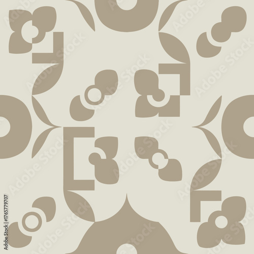 베이지색 배경에 기하학적이고 유기적인 형태가 반복되는 추상적인 패턴 디자인.
