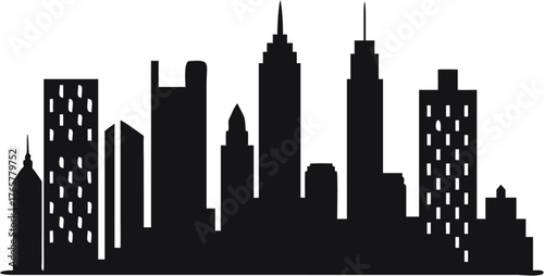 Silhouette of a cityscape with various tall buildings and skyscrapers against a plain white background design | editable eps vectors