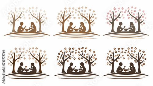 Couple enjoys a serene picnic under blooming trees, sharing a meal and drinks in a peaceful outdoor setting evoking romance and connection.