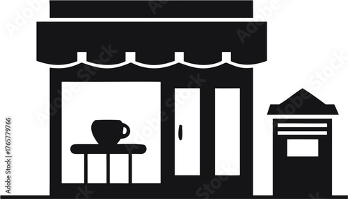 Illustration of a coffee shop with a table and cup visible through the window and a mailbox outside | editable eps vectors silhouette