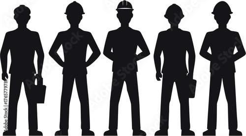 Silhouette illustration of five men wearing suits and hard hats standing in a row on white background | editable eps vectors