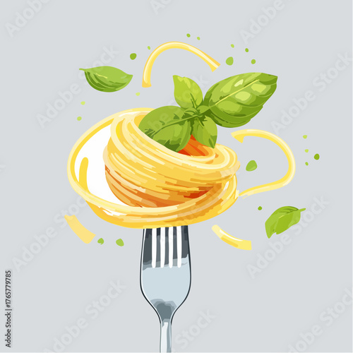 Elevated Tagliatelle Nest on Fork with Basil Leaves and Scattered Pasta on Soft Gray Background Detailed Food Illustration