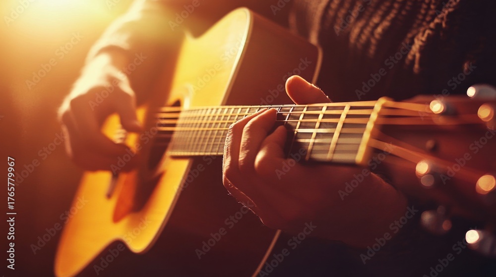 Fototapeta premium Strumming guitar melodies intimate music venue photography warm lighting close-up view artistic expression