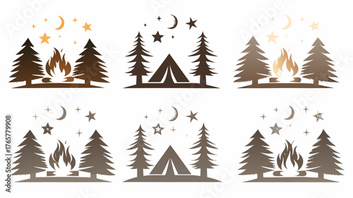 Serene night camping scene with a glowing campfire under a starry sky and crescent moon, evoking adventure and tranquility.