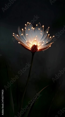 A glowing crystal-like flower blooming in the dark, petals emitting radiant light