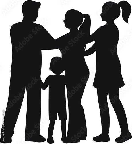Silhouette illustration showing a family of four with parents and two children standing together closely | editable eps vectors