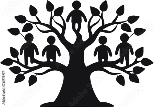 A black silhouette of a family tree with leaves and figures representing family members on the branches | editable eps vectors